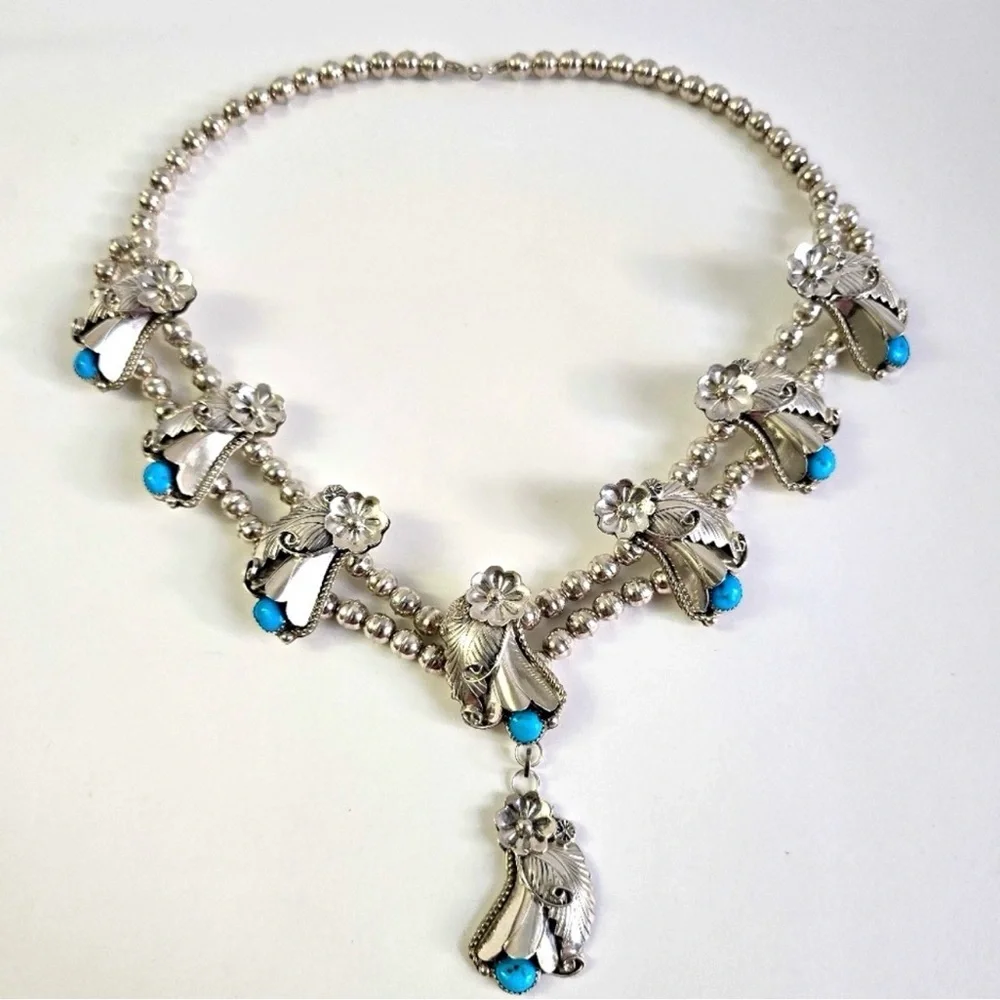 Sterling Silver 925 and Turquoise Floral Squash Blossom Necklace - Picture 10 of 16